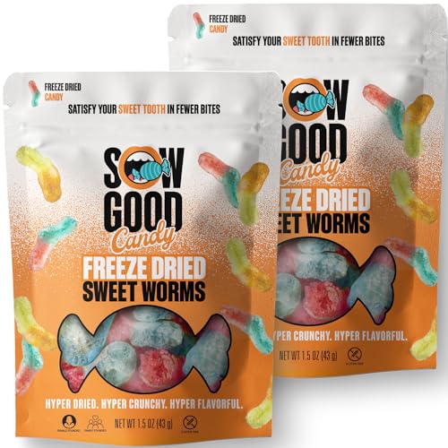 Sow Good Freeze Dried Candy Sweet Worms 2 Pack. Perfect for Snacking & Kids Parties