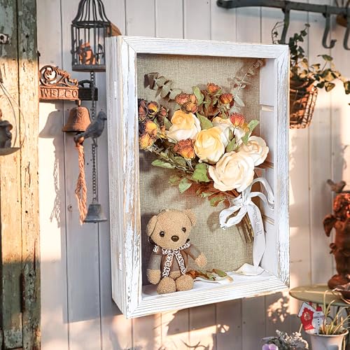 Image of White 11x16 Large Shadow Box Frame Deep Shadow Box with Shelves Memorial Shadow Box Display Case with Linen Back for Handicrafts,Picture Frames,Medals,Coins,Pins Collection and More
