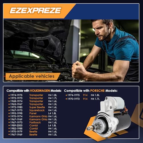 Image of 16450N Ezexpreze Starter Motor Compatible with Porsche 914 1974-1975 1.8L, Volkswagen Beetle 1970-1979 1.6L, Super Beetle 1972-1980 1.6L, 0.8kw 12V 9-Teeth CCW 111911023, BAA-911-023B, 6004AA0021