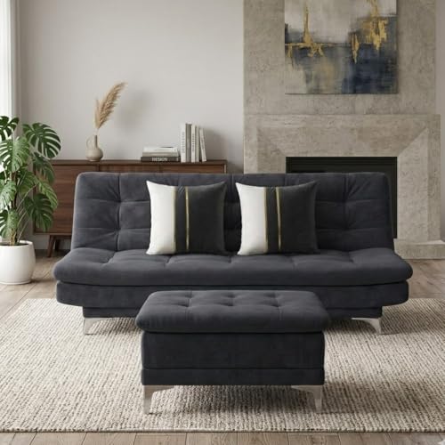 Image of Sparrow 3 Seater Fabric Click-Clack Sofa Cum Bed with Ottoman (Dark Gray) | Premium Soft Velvet | Plush Comfort Cushions | Modern Living Room Sofa | Spacious Comfortable Seating