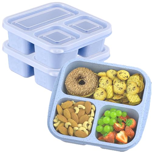 ZHUIYIWIN Cajas de aperitivos (paquete de 3), loncheras Bento reutilizables con 3 compartimentos para niños y adultos, recipientes divididos de almacenamiento de alimentos para la escuela (Azul, 3)