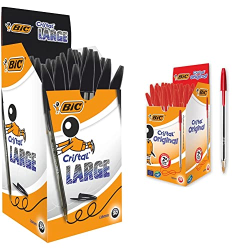 BIC Cristal Large bolígrafos Punta Gruesa (1,6 mm) - Negro, Caja de 50 unidades + Original Caja de 50 unidades - bolígrafos punta media (1,0 mm), color rojo - material oficina