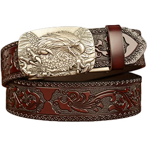 Men's Genuine Leather Ratchet Adjustable Belt 3D Eagle Sliding Buckle Vintage Leather Engraved Dress Casual Belt