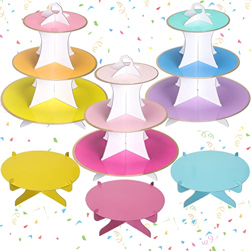 6 Pieces Colorful Cupcake Stand Set 3 Tier Cardboard Dessert Tower 1Tier Cupcake Display Stand Serving Cupcake Holder For Birthday Baby Shower All Themed Party Events Cake Display, Pink, Blue, Yellow #TOP25