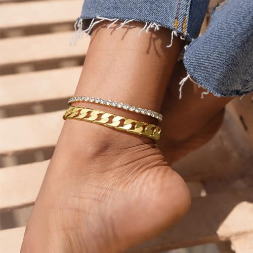 KissYan Gold Ankle Bracelets for Women, 14K Gold Anklets Chunky Cuban Link Chain Summer Beach Foot Jewelry Gifts for Women3