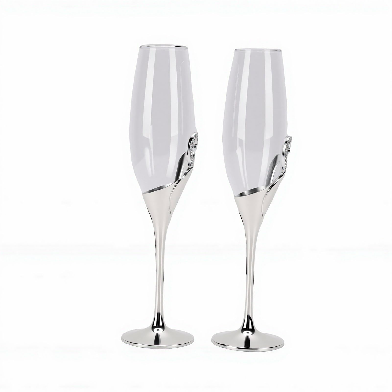 Copas de champán para regalo de bodas elegante juego con forma de corazón 3D plata