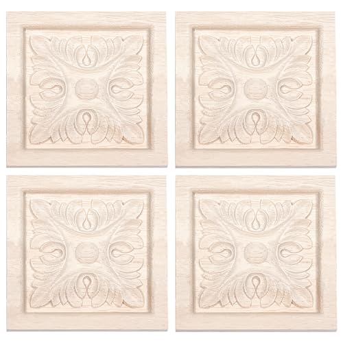 Vilanca 8 Pcs Decorative Wood Flower Carved Appliques Onlays, 3.1 x 3.1inch Unpainted Solid Wood Square Carving Decal for Furniture Cabinet Closet Decoration (Type2-3.1inch-8pcs)