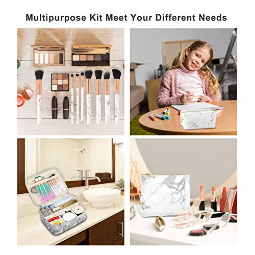 3Pcs Makeup Bags for Women, Travel Makeup Bag, Large Cosmetic Bag, Marble Makeup Bag with 10 Pcs Brushes, Makeup Case Organizer with Adjustable Dividers