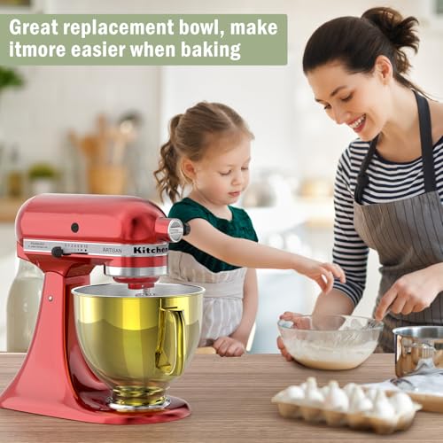 Image of 5QT Stainless Steel Mixer Bowl Compatible with Kitchen aid Stand Mixers Kitchenaid Replacement Bowl for 4.5-5 QT Tilt-Head Mixer with Handle, Gold