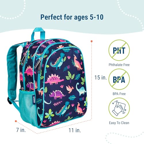 Image of Wildkin 15 Inch Backpack for Kids, Dino Pals | Ages 5-10, padded straps, side water bottle pocket - coordinates with matching Wildkin lunch boxes and water bottles