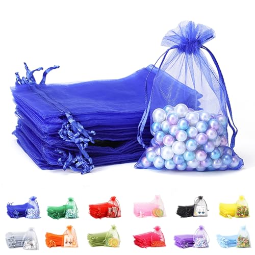 POPOYU Lot de 50 petites pochettes cadeaux en organza bleu roi de 17,8 x 22,9 cm avec cordon de serrage, pochettes transparentes en tulle pour cadeaux de...
