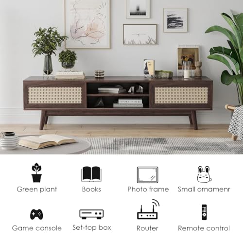 Image of MISAN Modern TV Table | Solid Sheesham Wood Sideboard TV Unit for Living Room, Bedroom, Office Furniture Stand | Wooden Free Standing Entertainment Unit Side Board Table with Storage (E-Walnut)