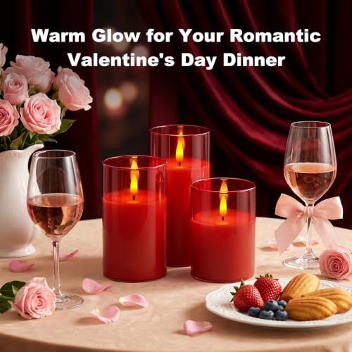 Image of Amagic Christmas Glass Flameless Candles with Remote, Real Wax Pillar Candles Batter Operated with Timer, Red LED Fake Candle for Thanksgiving Decor, Set of 3, D3 xH4 5 inch 6 inch