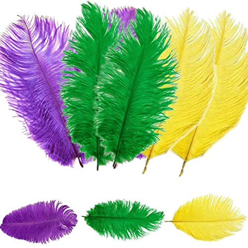 12 Pcs 10-12 inch Mardi Gras Feathers for Crafts Colorful Ostrich Feather Purple Green Gold Ostrich Feathers for Mardi Gras DIY Crafts Vase Party Wedding Centerpieces