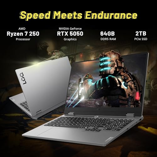 Image of Lenovo LOQ 15.6 inch FHD 144Hz Gaming Laptop, AMD Ryzen 7 250, GeForce RTX 5050 8GB GDDR7, 64GB DDR5, 3TB Storage (2TB SSD+1TB Docking Station Set), Backlit Keyboard, 5MP Camera, Wi-Fi 6, Win 11, Gray