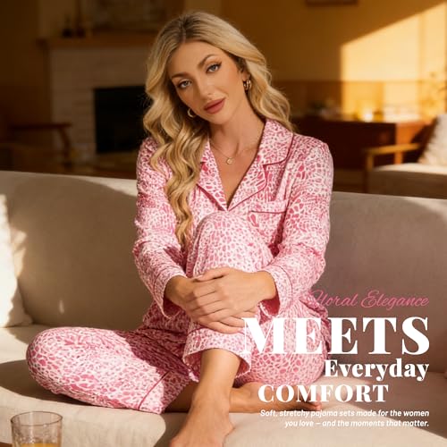 Image of LYCY Womens Pajama Sets Floral Print, Long Sleeve Button Down Pajamas Set for Women Soft Sleepwear Pjs 2 piece Loungewear