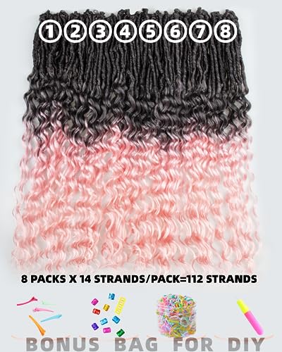 Goddess Faux Locs Crochet Hair - 24 Inches 8 Packs 112 Strands Pre Looped Ombre Black to Pink Synthetic Hair Extensions, Soft Goddess Locs Braids with Long Deep Wave Curly Ends(24"-8 Packs,T1B/Pink)
