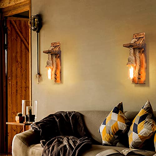 Applique murale E27 vintage bois massif suspendu corde chanvre salon - 3