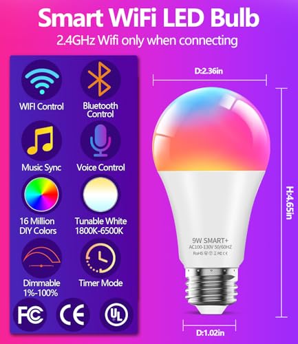luckystyle Smart Light Bulbs, 9W A19 E26 800LM WiFi Bluetooth LED Bulbs Compatible with Alexa, Google Assistant & Home, 16 Million Colors Music Sync Color Changing Dimmable RGBWW Lights Bulb (4) - Image 3