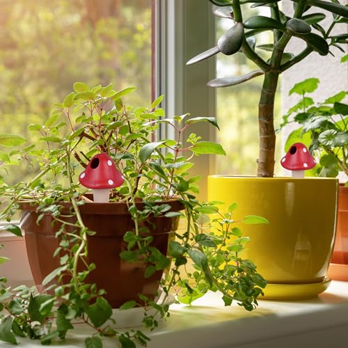 Relaxdays Tonkegel Bewässerung, 4er Set, je 110 ml, Gießhilfe Zimmerpflanzen, Pilz-Design, Tonspitzen, terrakotta/rot