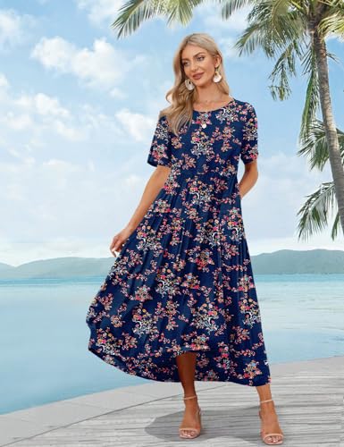 Image of YESNO Women Casual Loose Bohemian Floral Dress with Pockets Short Sleeve Long Maxi Summer Beach Swing Dress EJF