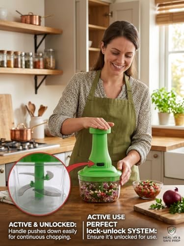 Image of Manual Push Vegetable Chopper with 6 Stainless Steel Blades (650ml, Multicolor) | Heavy Duty Hand Press Food Processor & Whisk for Onion, Salad, Chutney & Gravy