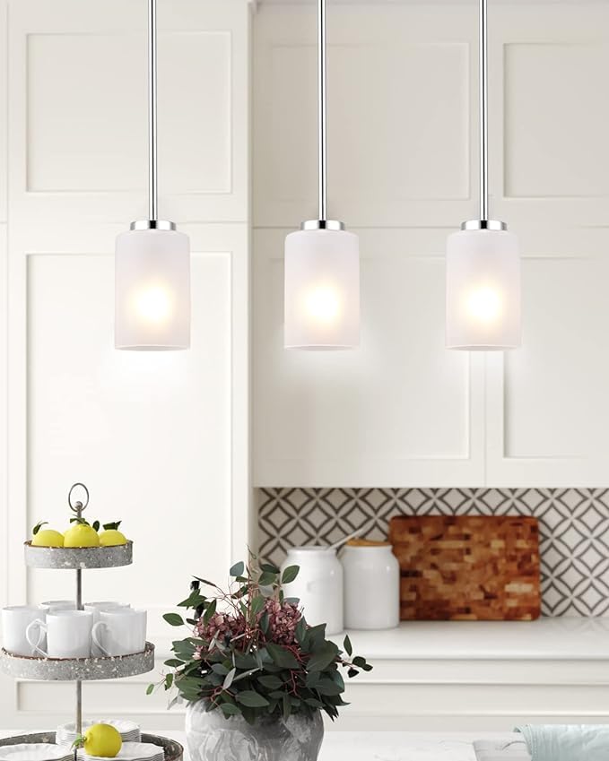 Miniatura 2 de Lámparas colgantes de níquel cepillado para interiores, luces colgantes ajustables para isla de cocina con pantalla de vidrio esmerilado blanco,