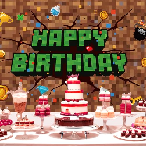 Image of Pixel Happy Birthday Backdrop, 106x71in /270x180cm Pixel Theme Party Decorations Video Game Banner Backdrop for Gaming Birthday Decor