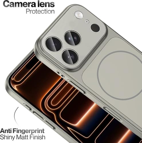 Image of Elzzi Magnetic Case for iPhone 17 Pro Max Case [Compatible with MagSafe][Built-in Camera Lens Protector] Slim Soft Silicone Bumper Shockproof Metallic Luster Back Cover Phone Case (Titanium)