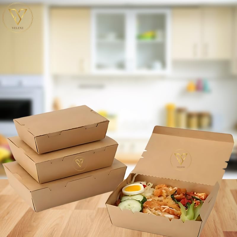 Image of Brown Kraft Paper Food Box | 17x15x4.5 CM | 750ml | Pack of 100 | Eco-Friendly Takeaway Containers | Biodegradable & Disposable Food Containers for Meal, Party Catering, Takeout, and Delivery