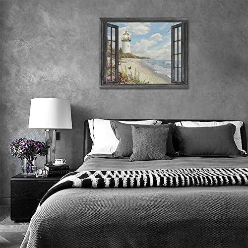 Lighthouse Nautical Wall Art Coastal Beach Pictures Canvas Prints Ocean Decorations Painting Framed Window Seascape Artwork Gifts Office Home Decor For Bathroom Dining Living Room 16"X12" #TOP1