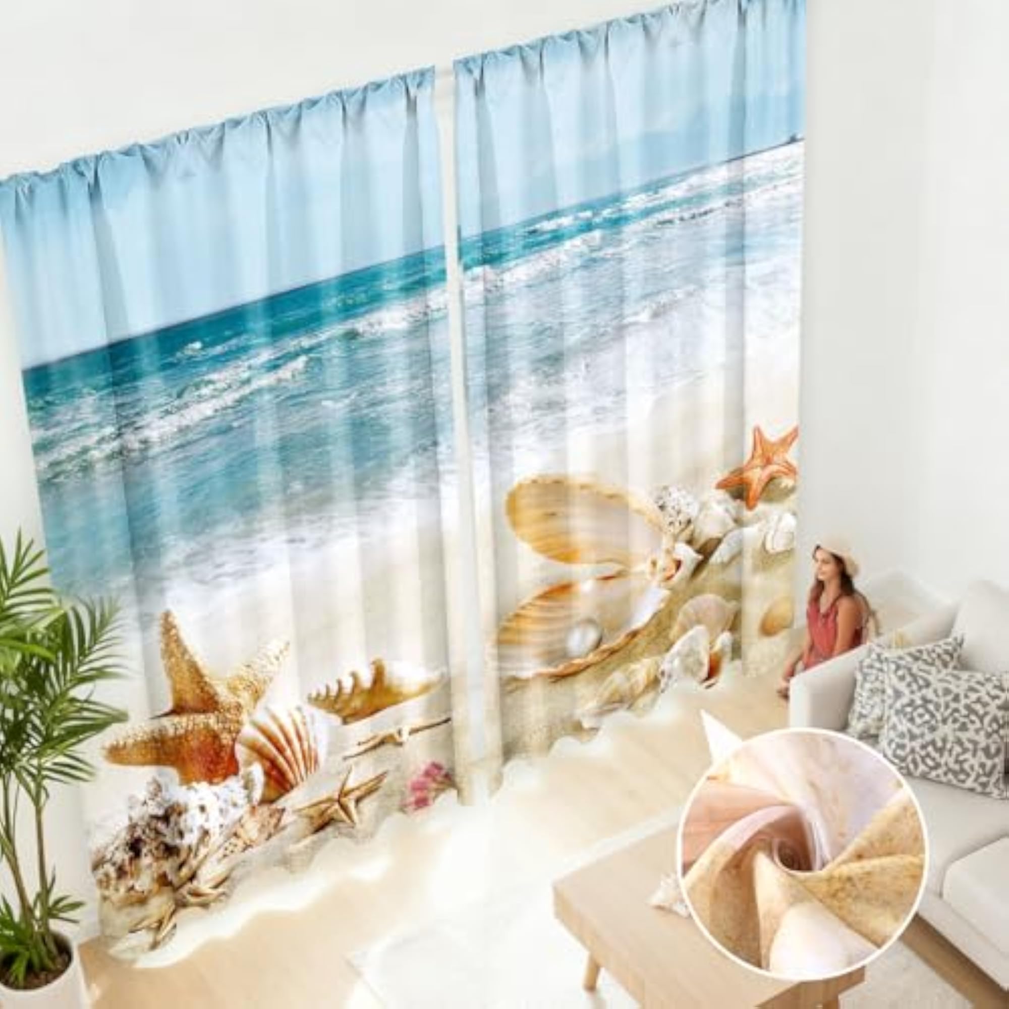 2 Pcs Summer Curtains for Living Room Ocean Beach Shell Starfish