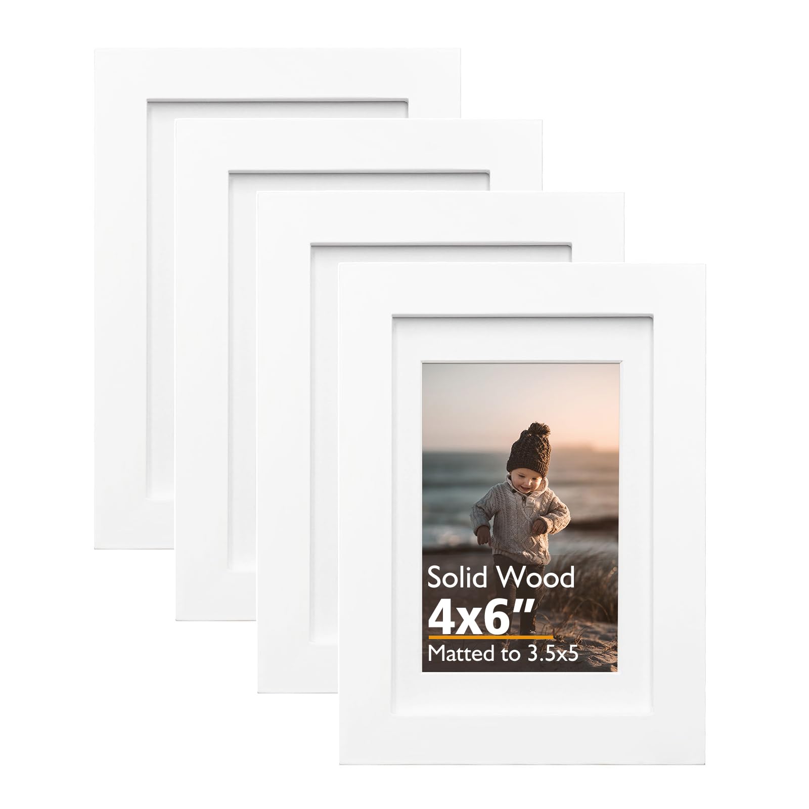 KINLINK Białe ramki na zdjęcia 4 x 6 - drewniane ramki z pleksiglasem HD do 3,5 x 15 cm z matą lub 4 x 16 bez maty, blat i wyświetlacz ścienny białe, 4 sztuki