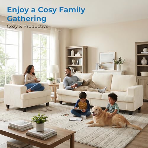 Image of Mjkone 2 Pieces Living Room Sofa Sets, 82 inch Width 3 Seater Sofas Couch and Chair Set, Sofas Couches Living Room Furniture Sets, Sectional Couch Set for Home Office, 3-Seat Sofa + Armchair, Beige