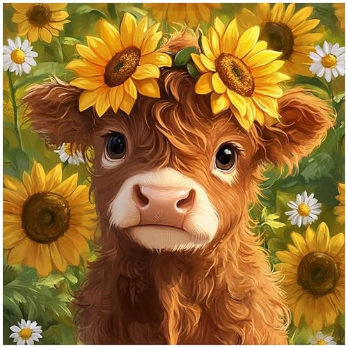 Image of Cattle Sunflower Stamped Cross Stitch Kits for Adults - Embroidery Kits for Beginners Adults,11 CT Patterns Dimensions Counted Cross Stitch Kits for Adults Arts Craft 14x14 inch