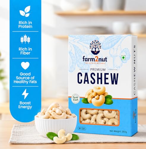 Image of farm2nut W320 Medium Size Cashew Nuts (250g) | Natural Whole Kaju | Airtight Jar | Fresh & Crunchy nuts