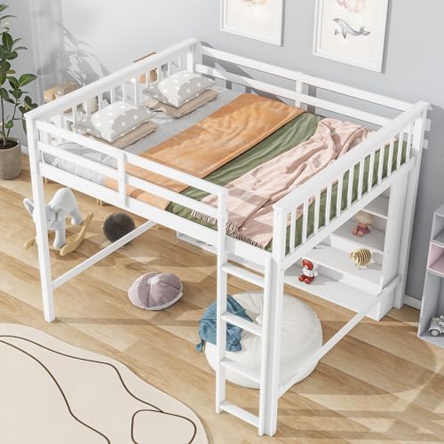 Harper & Bright Designs HJH-GX1034AAK-WE Full Size Loft Bed With Storage, Wooden Loft Bed Frame With 8 Open Storage Shelves And Built-In Ladder thumb #3