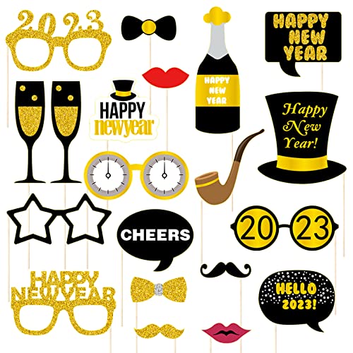 20 Stück Neujahr 2023 Fotorequisiten Fotoaccessoires, Silvester Fotoaccessoires Silvester Photo Booth Props Hüte Brille Verkleidung Mitbringsel, Partyfotoautomat Zubehör für 2023 Silvester Dekoration Cover