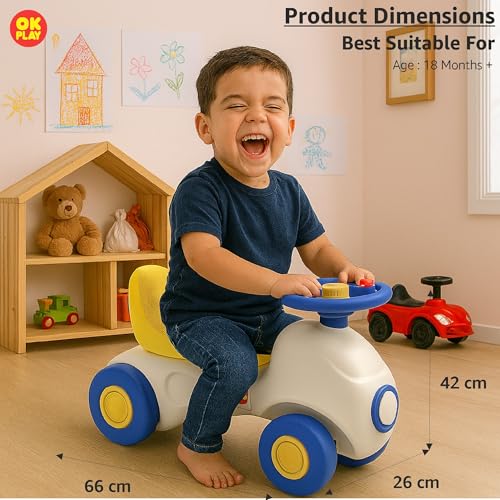 Image of OK PLAY Ride-On Car for Kids | Push Ride-On with Functional Steering & Horn| Suitable for 12+ Months | Indoor & Outdoor Toy (Multicolor)