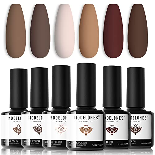 Modelones Gel Nail Polish Set-6 Colors Nude Gel Polish Brown Gel Polish Set Neutral Beige Khaki Gel Nail Polish Kit, Skin Tone Nail Polish, Soak Off LED Gel Nail Kit Manicure DIY Home Salon