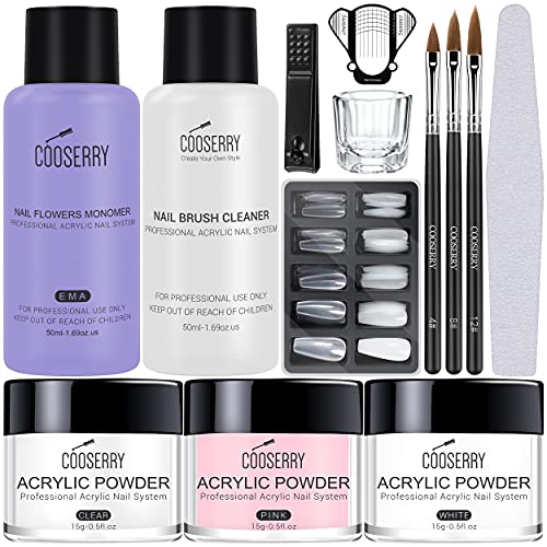 Cooserry Acrylic Powder And Liquid Monomer - Acrylic Nail Kit For Beginners, Monomer Acrylic Nail Liquid Set With Nail Brush Cleaner, Clear Acrylic Powder Nails Kit Acrylic Set For Nail Art Designs