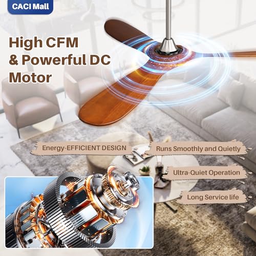 Image of CACI Mall 60 inch Ceiling Fan no Light, Outdoor Ceiling Fans for Patios Without Lights, Remote Control, Solid Wood 3 Blades, Quiet, Indoor Ceiling Fan for Living Room, Patio, Bedroom, Porch, Farmhouse