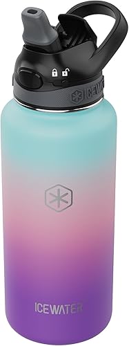 ICEWATER -Botella de agua aislada de 32 onzas con popote y asa de transporte, tapa bloqueable a prueba de fugas con boquilla de silicona suave,