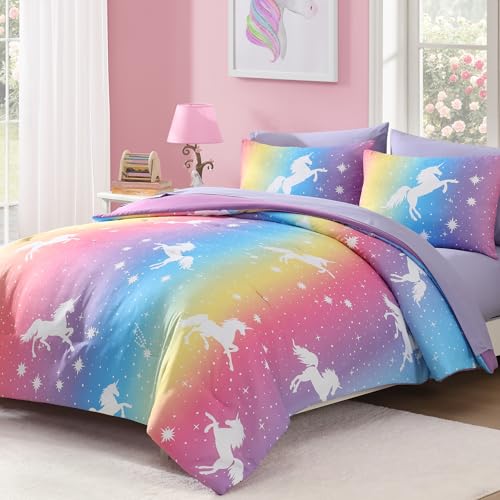 Full Size Comforter Set for Girls-7 Pieces Rainbow Unicorn Full Bedding Sets for Kids, Ultra Soft Bed in A Bag with Sheets