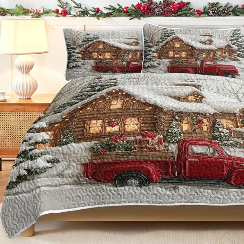 BlessLiving King Christmas Quilt Bedding Set - Red Car Snow Scene