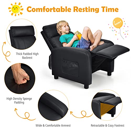 Image of Costzon Kids Recliner, Adjustable PU Leather Lounge Chair with Side Pockets, Footrest, Headrest for Kids Aged 3-12, Black