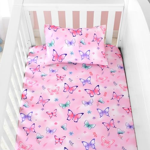 Image of JISEN 3 Piece Crib Bedding Set Soft Baby Butterfly Crib Comforter Set with Comforter, Sheet, Pillowcase - Nursery Bedding for Boys or Girls Pink