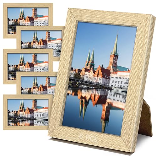 Yonality Cadre Photo, Lot de 6 cadre photo en bois 10x15 cm, Écran mural ou de bureau, Avec Panneau Arrière, Acrylique, pour décoration murale du salon,...