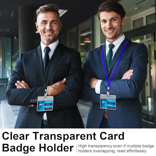 Image of Marspark 100 Sets Clear Name Tags with Lanyard, Lanyards for ID Badges Reusable Strap with ID Holder Plastic Name Badges for Adults Business School Church Conference (Black,Blue)
