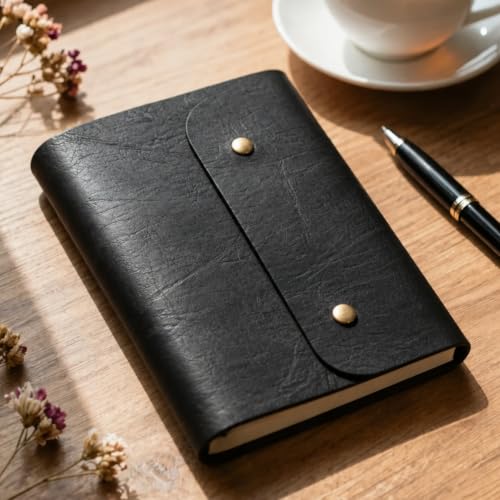 Image of The Messy Corner Leather Button Diary | A5 Travel Dairy for Men and Women | Vegan & Premium Quality | 80 GSM, 140 Ruled Pages - Stylish Black Notepad